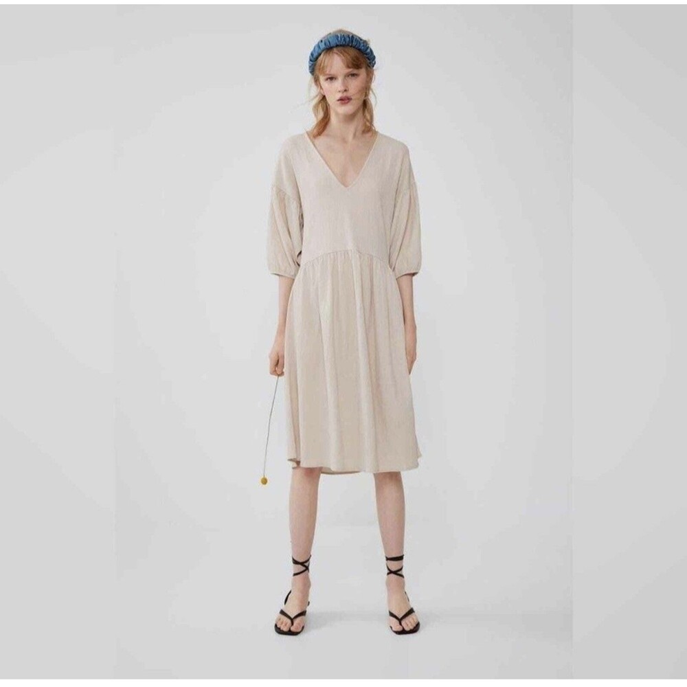 Zara Womens Textured Weave V-Neck Dress Size M Beige Minimalist Casual Lagenlook